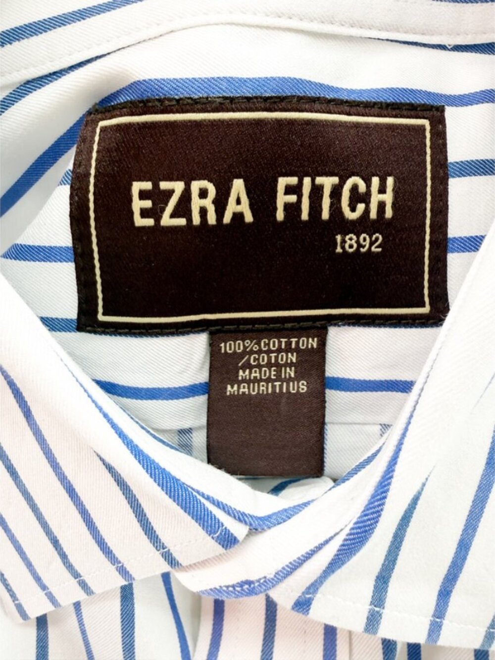 EZRA FITCH MENS Awning Stripe Blue White LS BUTTON FRONT DRESS SHIRT - Picture 10 of 14